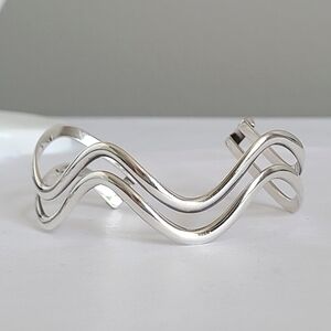 Vintage Boho Deco Sterling Silver Wavy Open Cuff Wide Bracelet